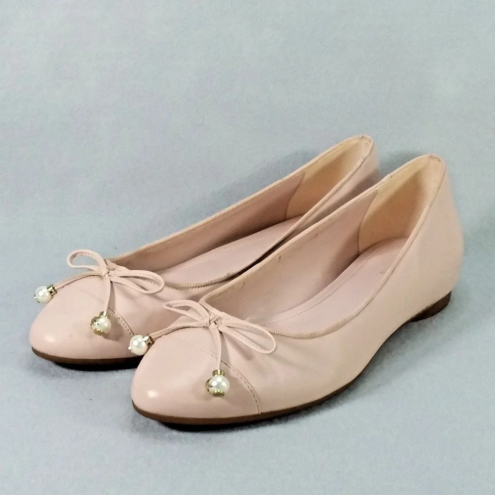 Michael Kors Gia Ballet Flats Pink  pearls bow slip on leather Womens Sz 8 Chic